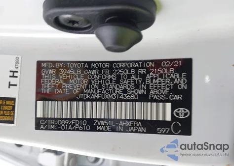 2021 Toyota Prius Le from USA, damaged, VIN JTDKAMFUXM3143680